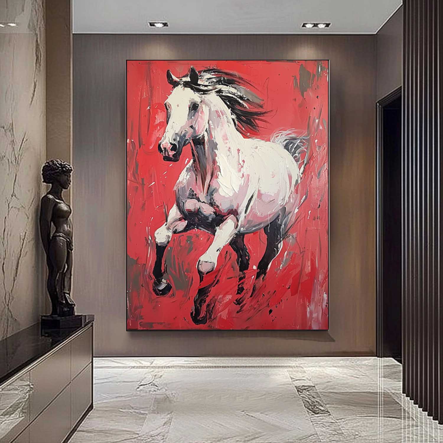 Modern Red background Texture Animal Oil Painting White Horse Oil Painting Impressionist Horse Wall Art Decor