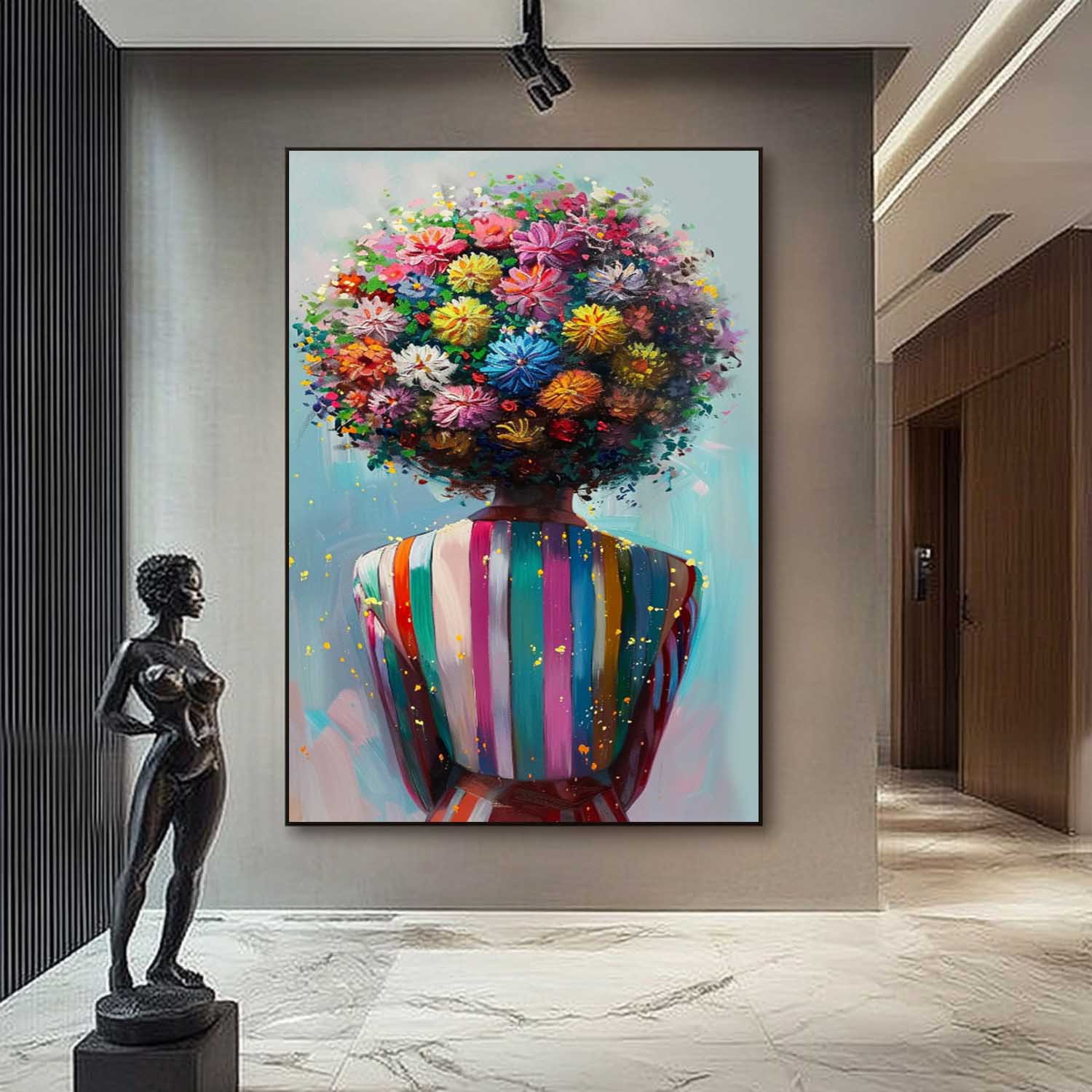 Original Figure Back Acrylic Painting Large Texture Abstract Colorful Flower Human Wall Art Portrait Artwork