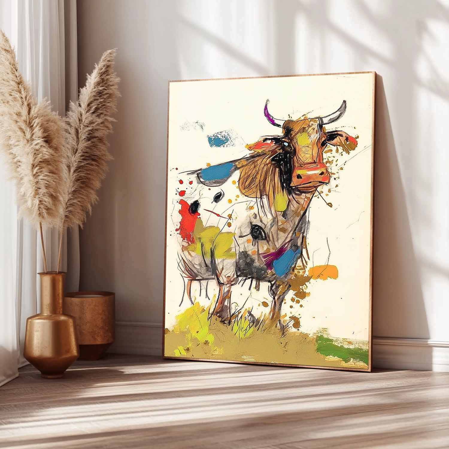 Modern Colorful Cow Abstract Wall Art Minimalism Animal Oil Painting Large Ox Acrylic Painting Home Decor
