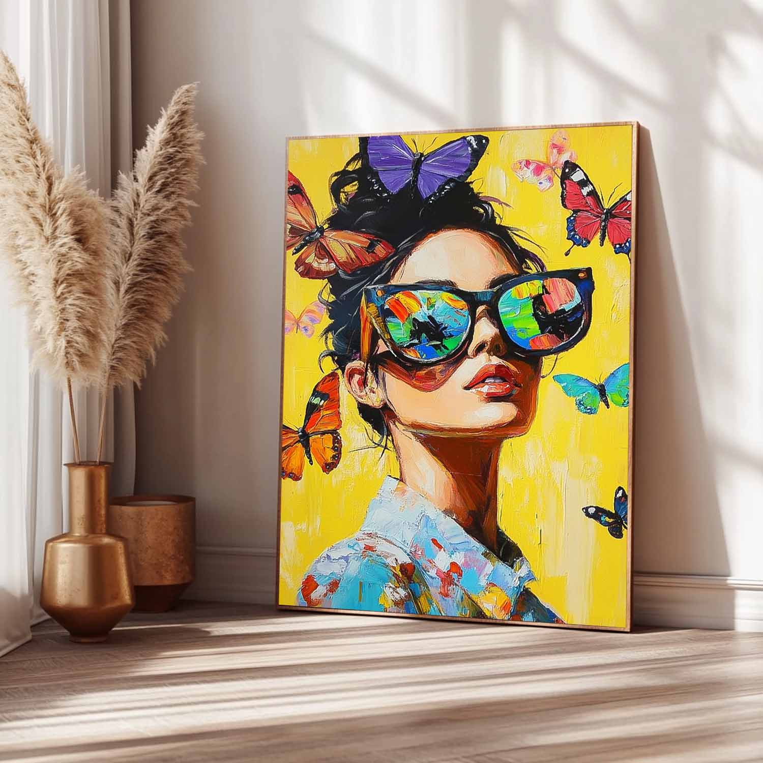Vibrant Yellow Original Texture Girl Wall Art Abstract Butterfly Oil Painting On Canvas Lady Modern Artwork