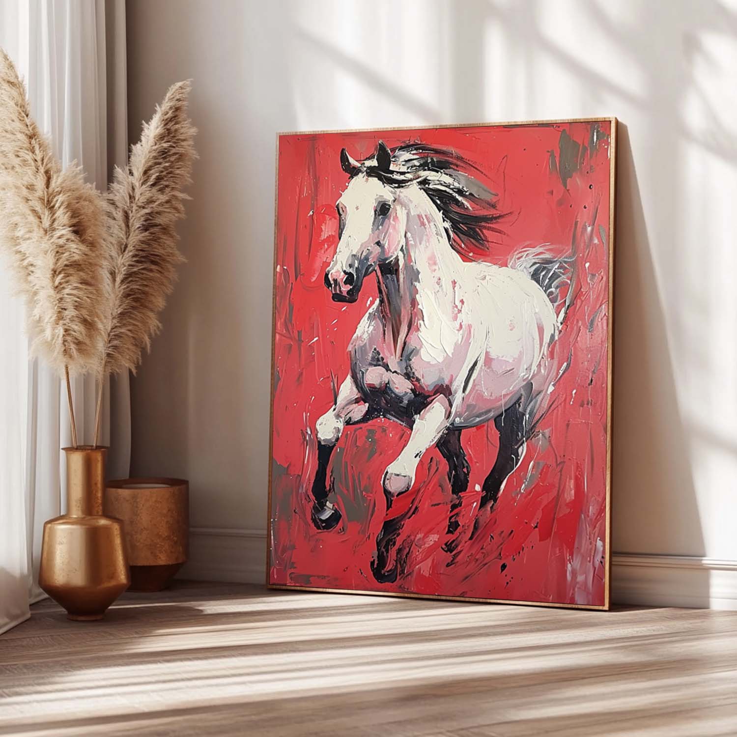 Modern Red background Texture Animal Oil Painting White Horse Oil Painting Impressionist Horse Wall Art Decor