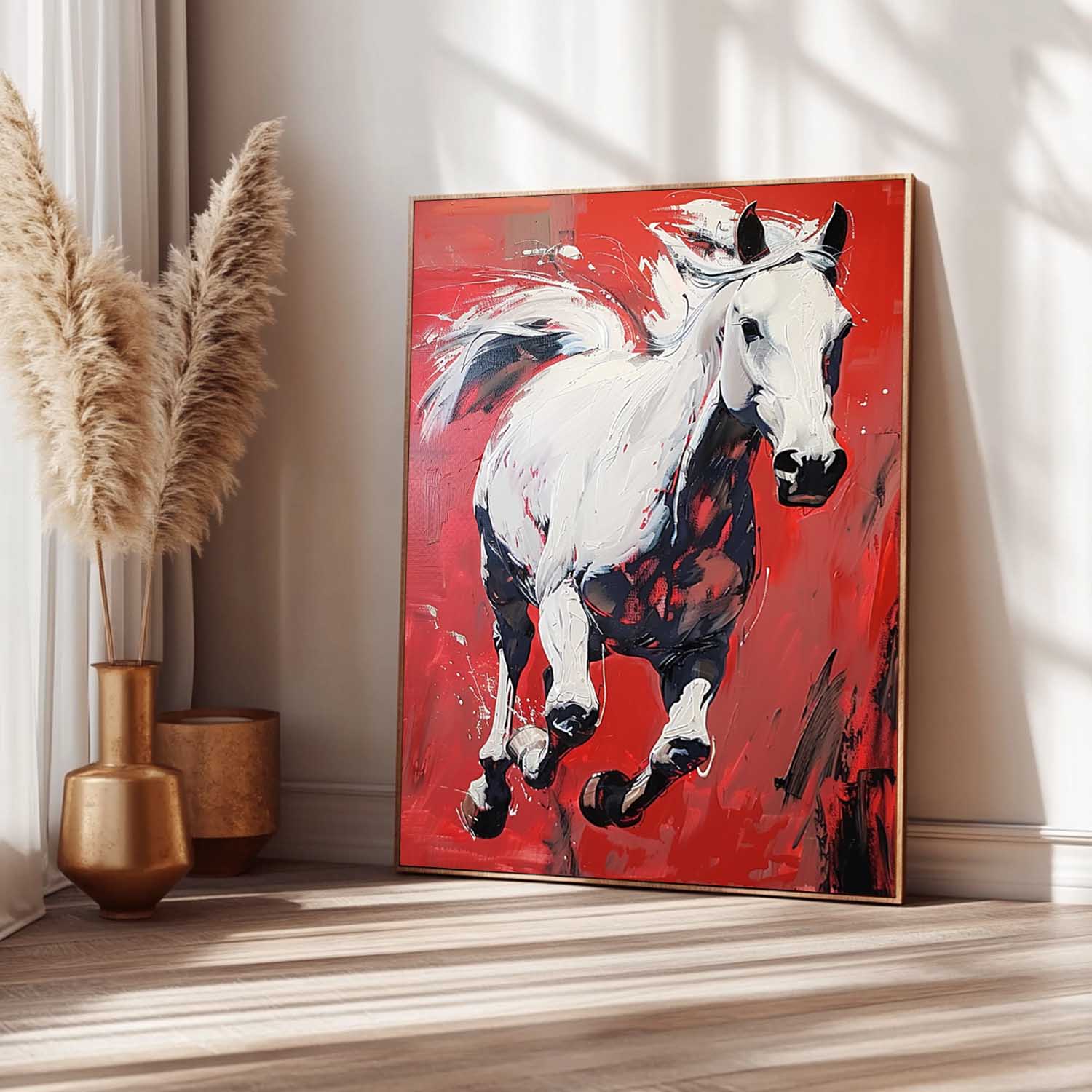 White Horse Oil Painting Modern Red background Texture Animal Oil Painting Impressionist Horse Wall Art Decor