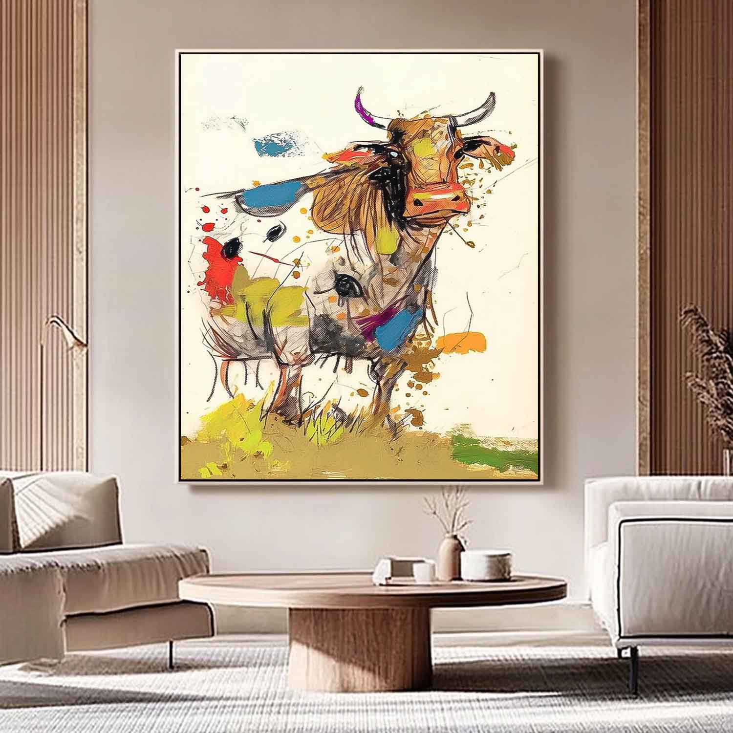 Modern Colorful Cow Abstract Wall Art Minimalism Animal Oil Painting Large Ox Acrylic Painting Home Decor