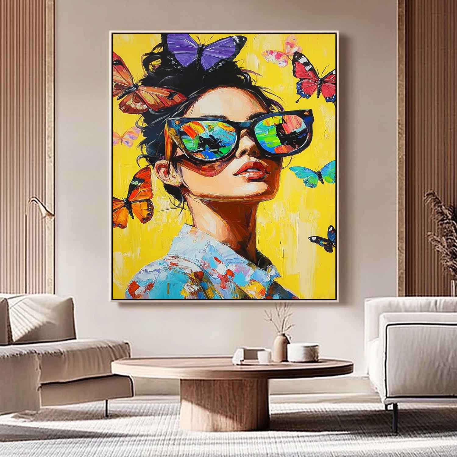 Vibrant Yellow Original Texture Girl Wall Art Abstract Butterfly Oil Painting On Canvas Lady Modern Artwork
