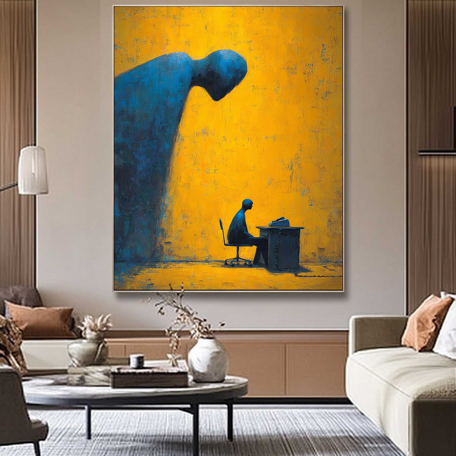 Deep Blue Silhouette Abstract Artwork Modern Office Decor Surrealist Figure Painting Concept Studio Wall Art