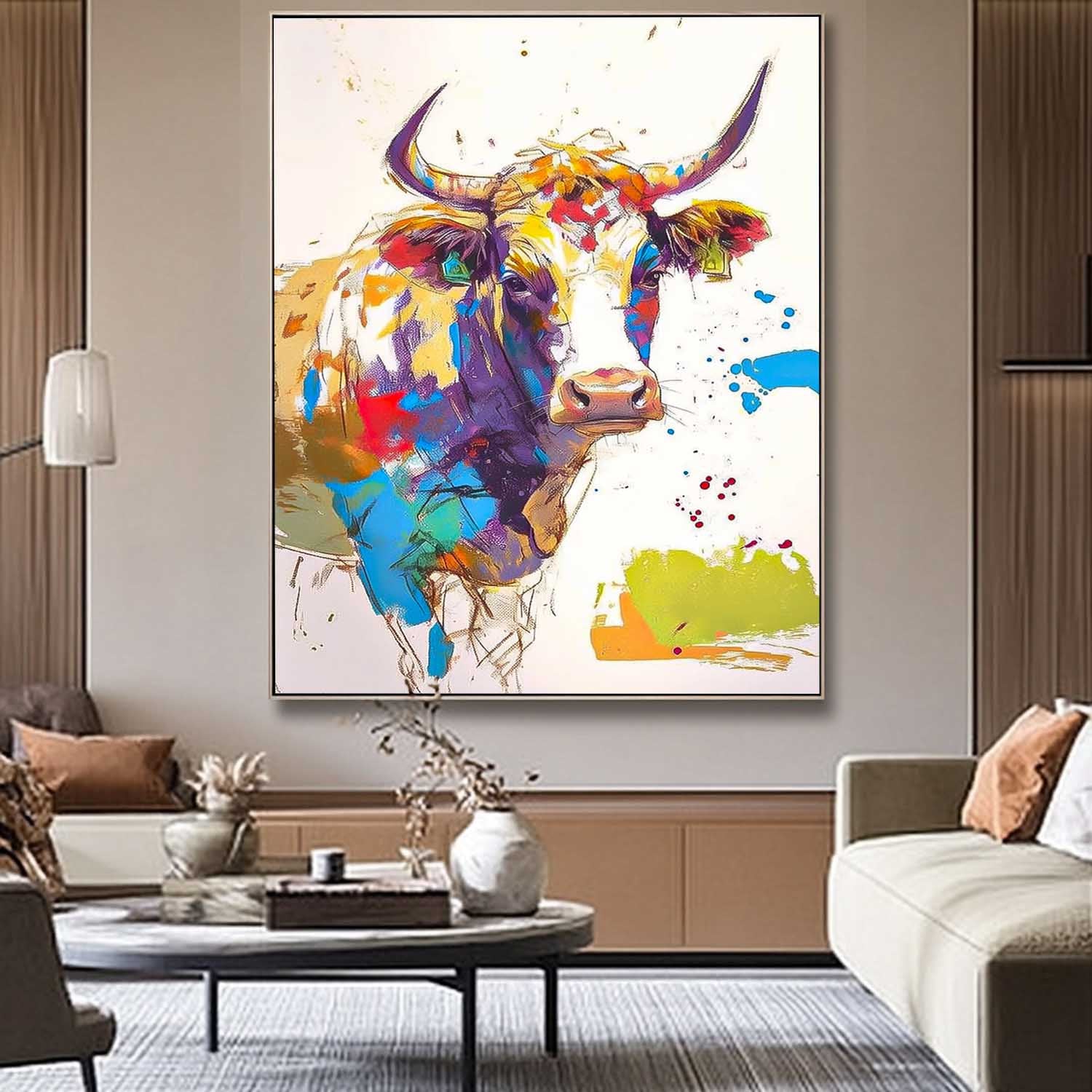 Modern Colorful Cow Abstract Wall Art Minimalism Ox Animal Oil Painting Large Acrylic Painting Home Decor