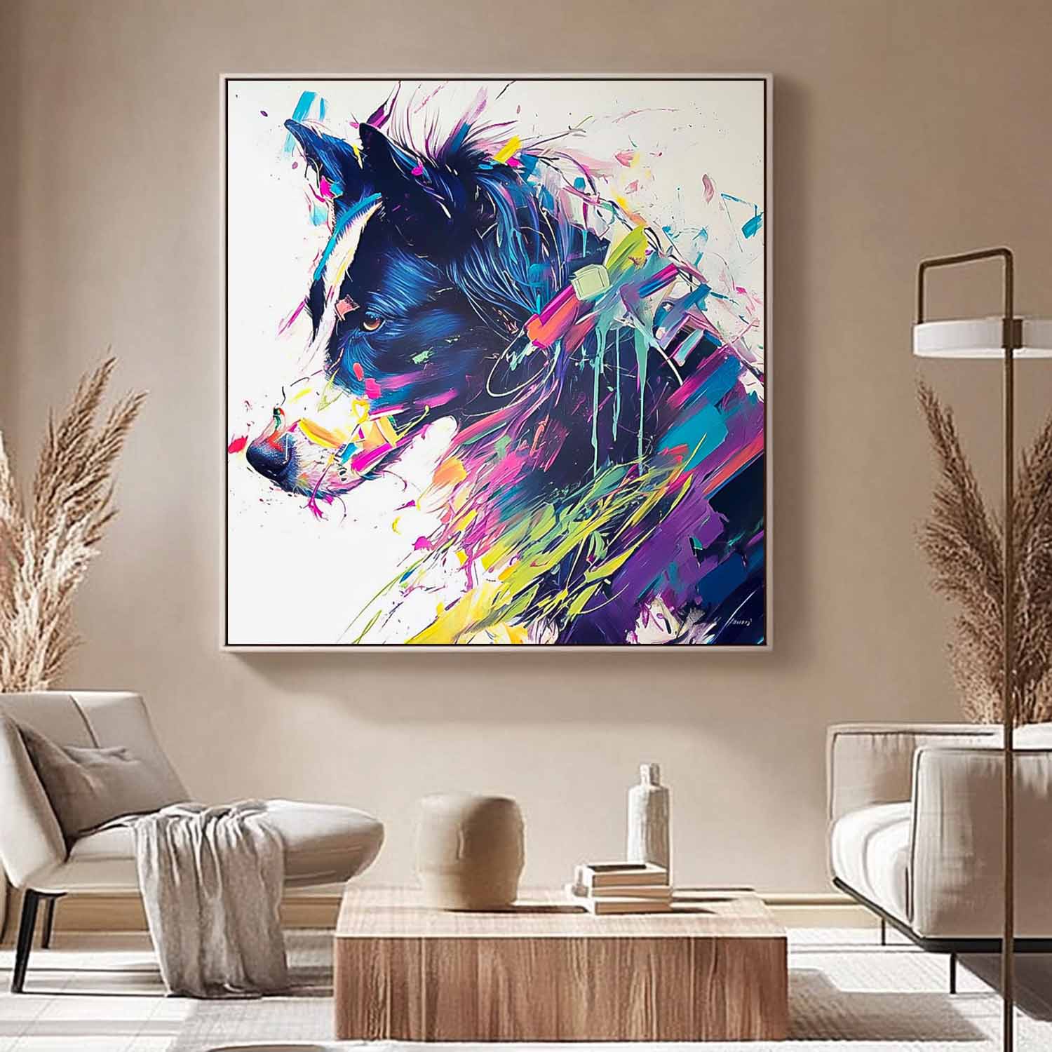 Square Pooch Oil Painting Canvas Large Colorful Animal Artwork Original Lovely Dog Wall Art Home Decor