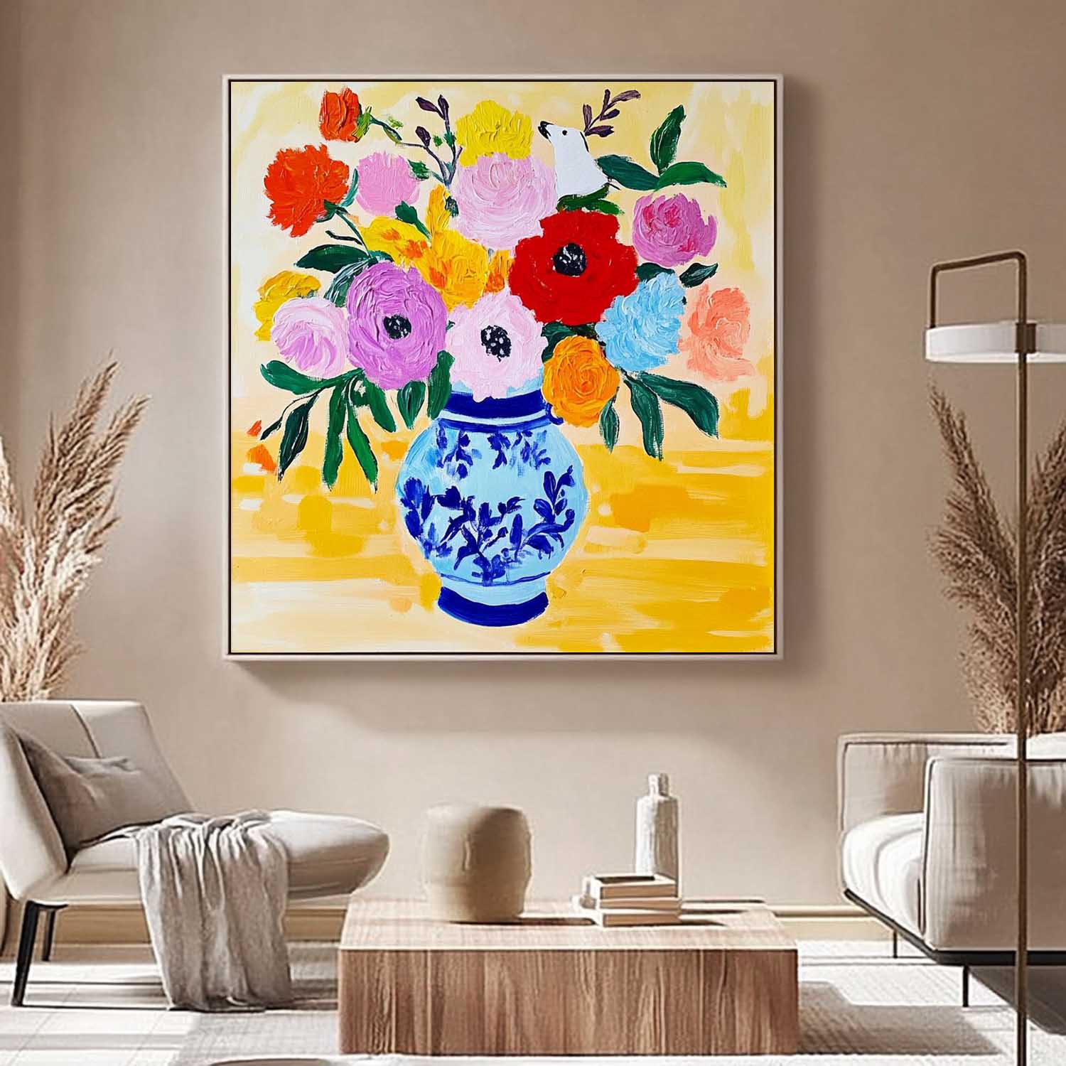 Floral Texture Painting on Canvas Original Flower Square Vase Artwork Large Illustration style Wall Art