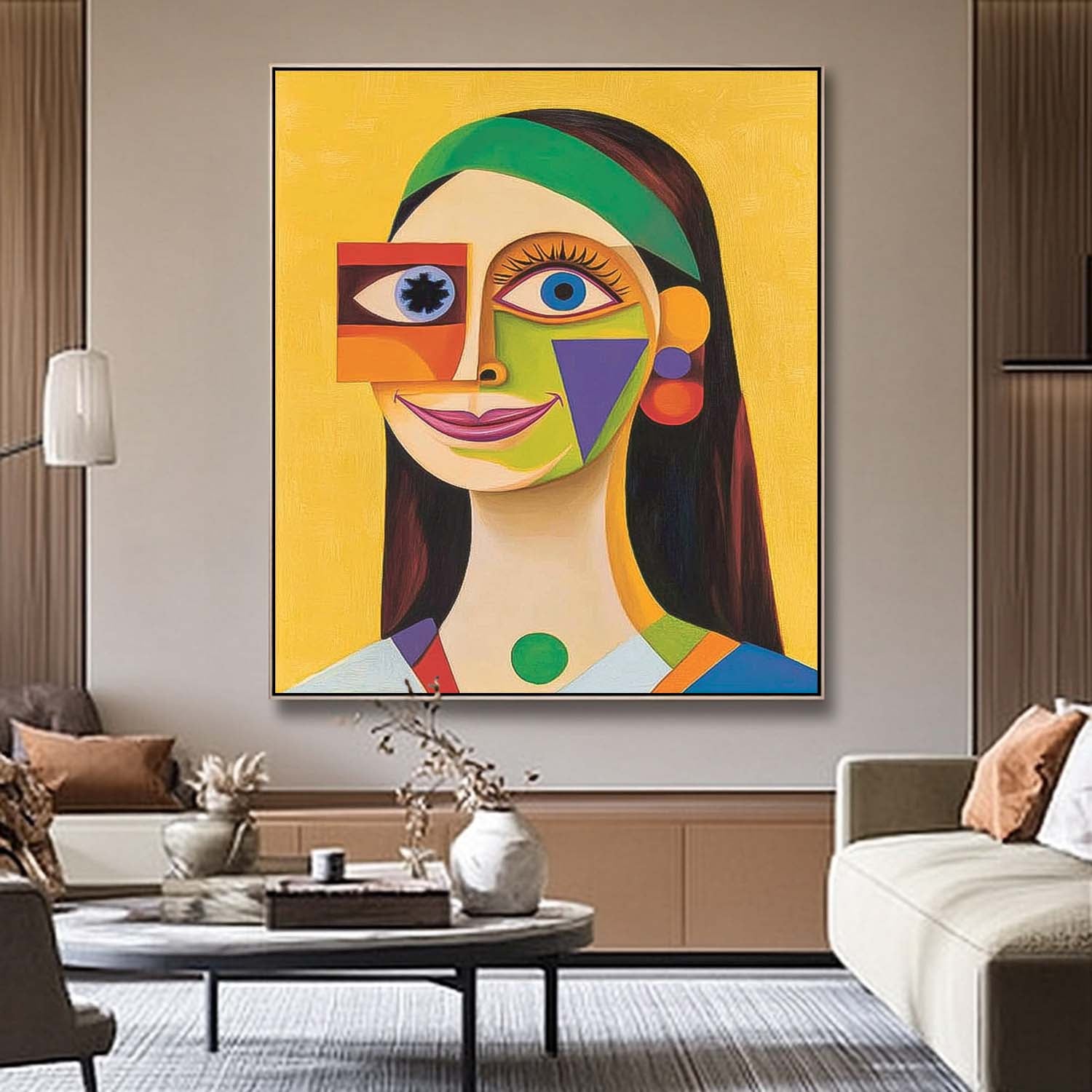 Original Texture Girl Wall Art Abstract Geometric Face Oil Painting On Canvas Lady Contemporary Artwork
