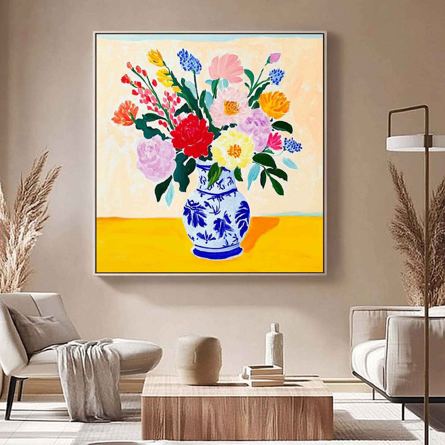 Original Flower Square Vase Artwork Floral Texture Painting on Canvas Large Illustration style Wall Art