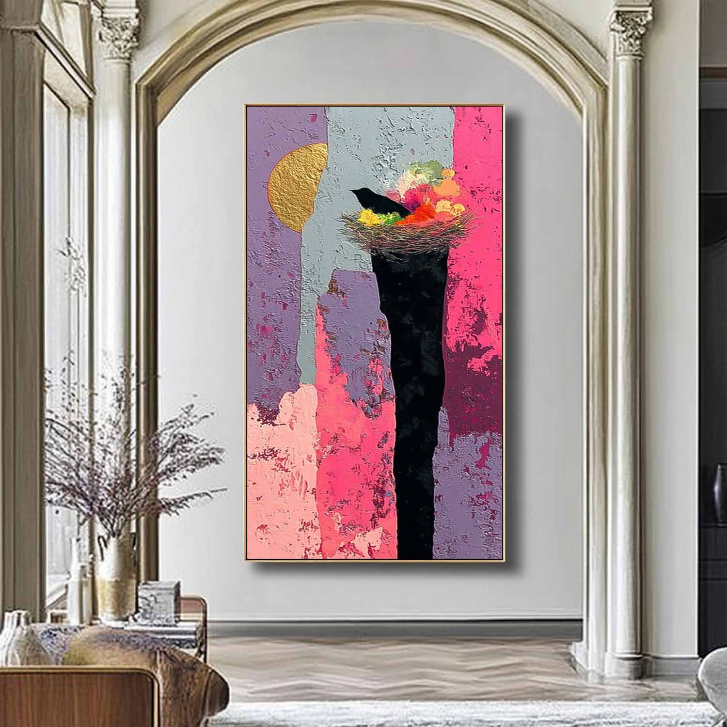 Large Abstract Bird's Nest And Contrasting Background Oil Painting Original Nature Wall Art Home Decor