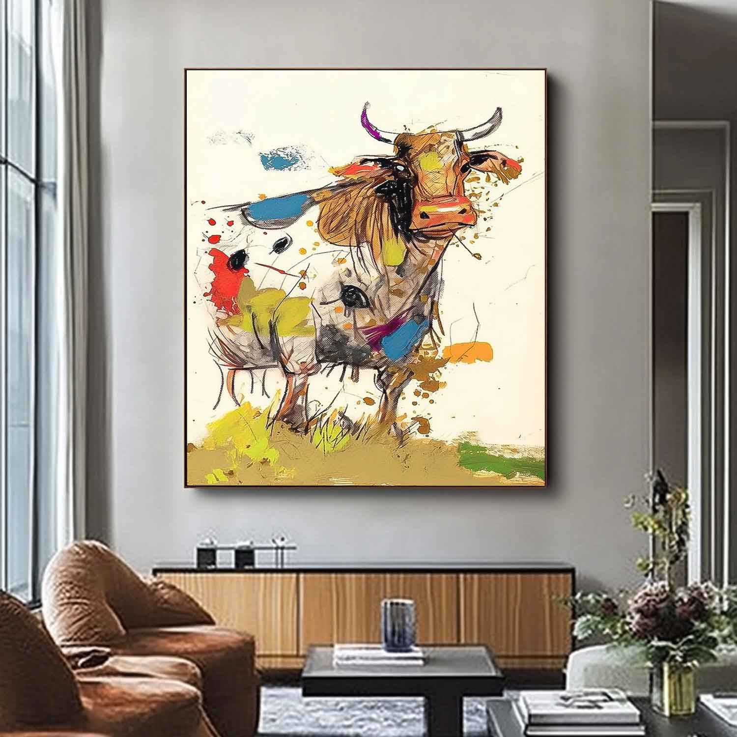 Modern Colorful Cow Abstract Wall Art Minimalism Animal Oil Painting Large Ox Acrylic Painting Home Decor