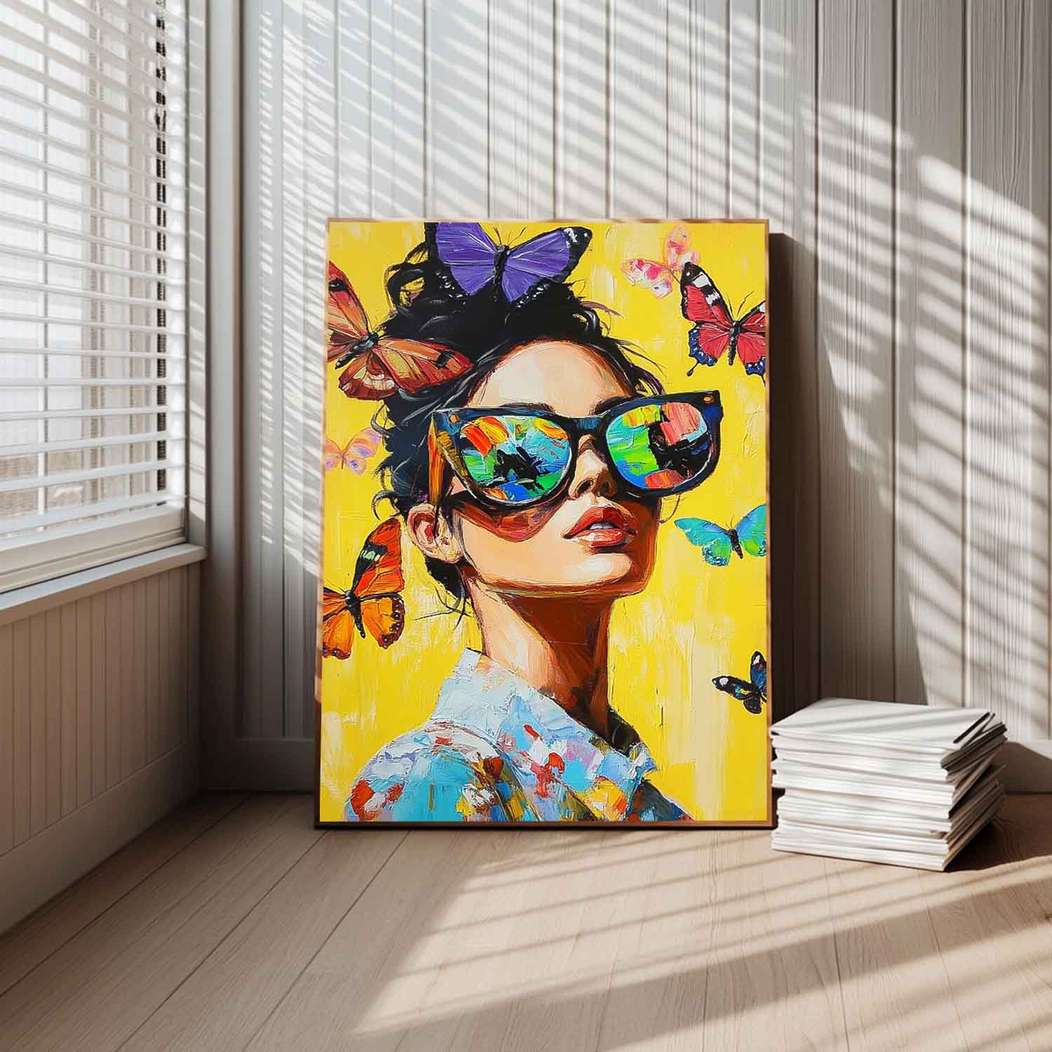 Vibrant Yellow Original Texture Girl Wall Art Abstract Butterfly Oil Painting On Canvas Lady Modern Artwork