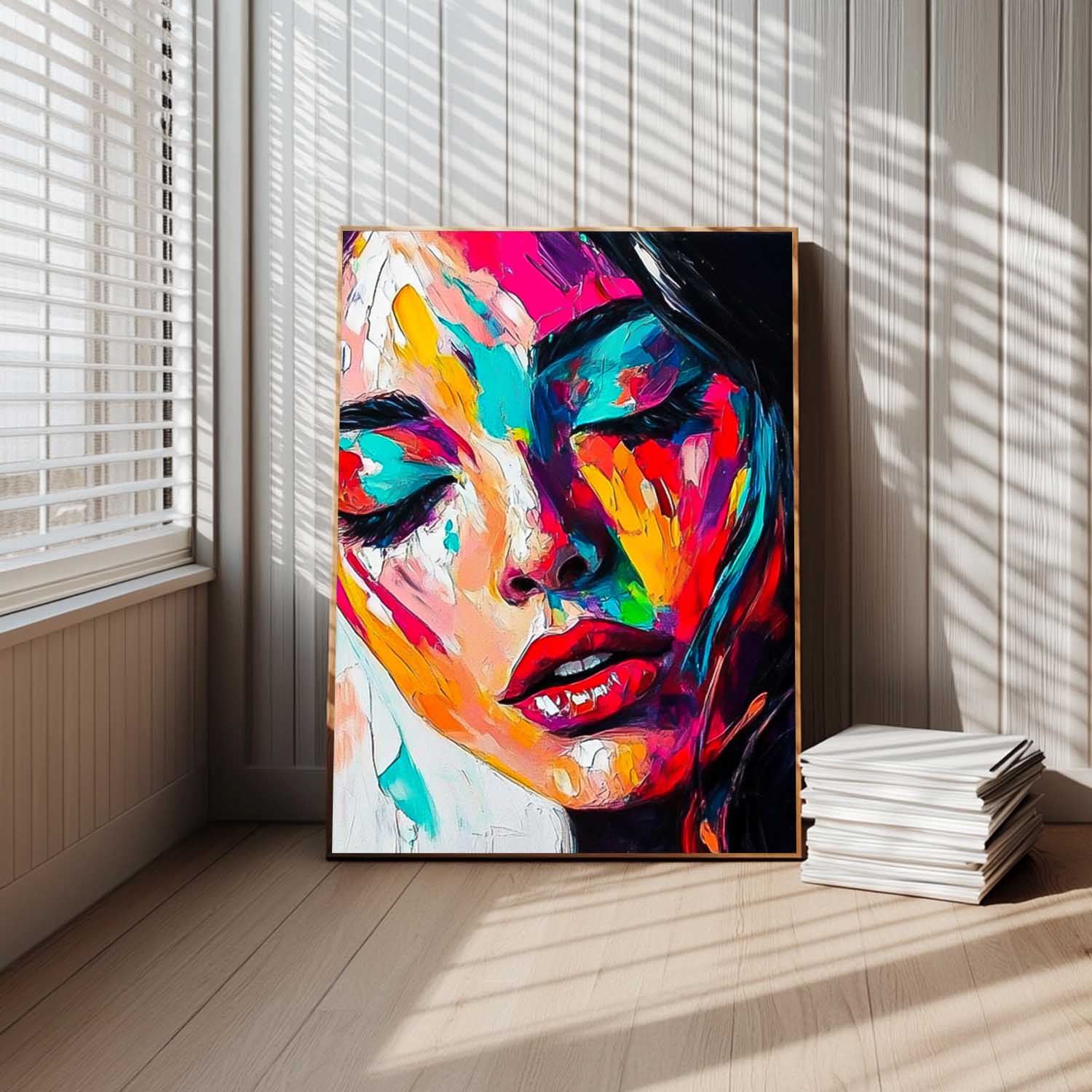 Abstract Woman Wall Art Framed Original Acrylic Painting Canvas Large Colorful Lady Face Artwork