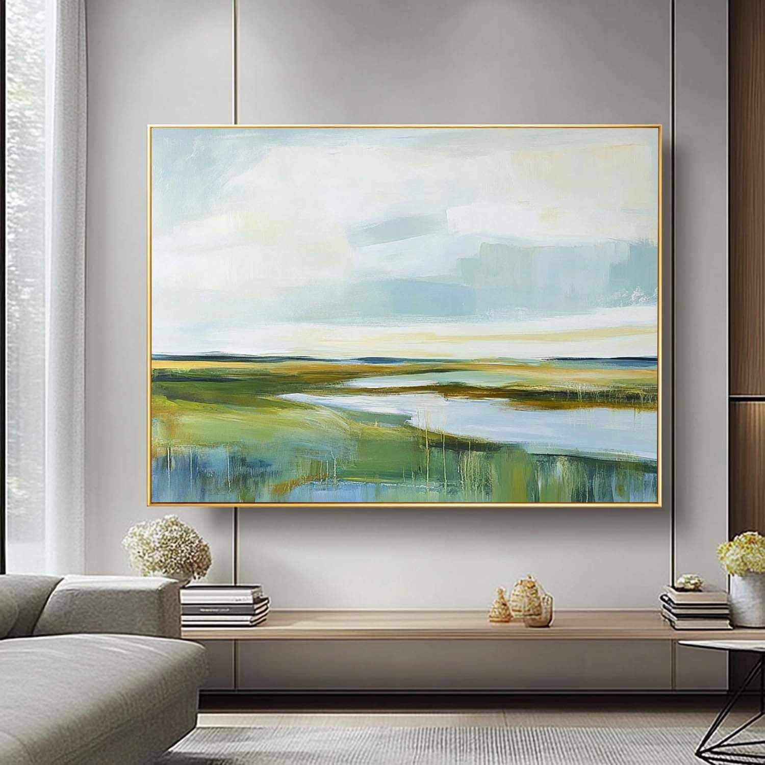 Abstract Lake Landscape Oil Painting Green Countryside Landscape Artwork Large Blue Texture Wall Art Framed