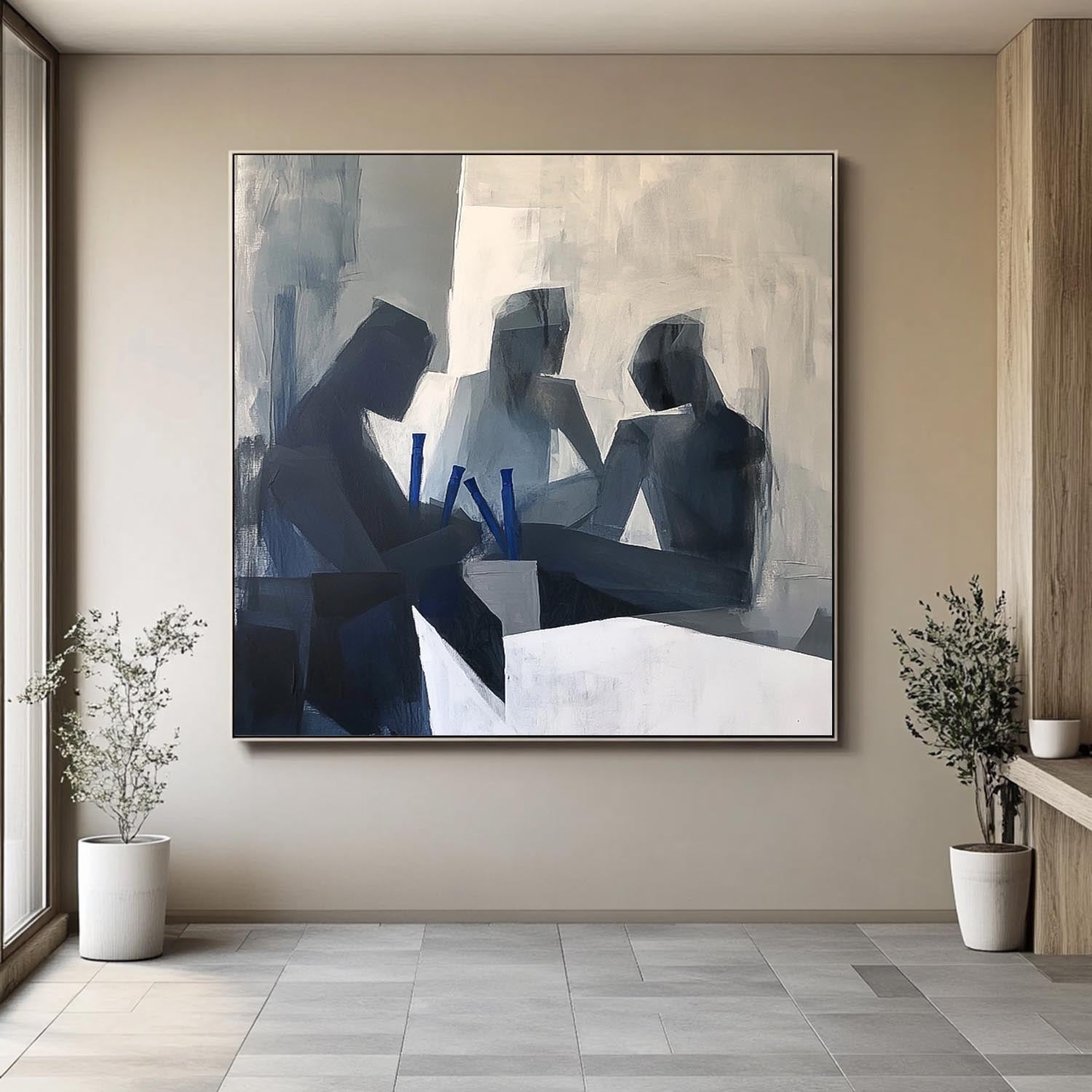 Original Grey Figure Acrylic Painting Canvas Abstract Wall Art Square Large Portrait Contour Artwork