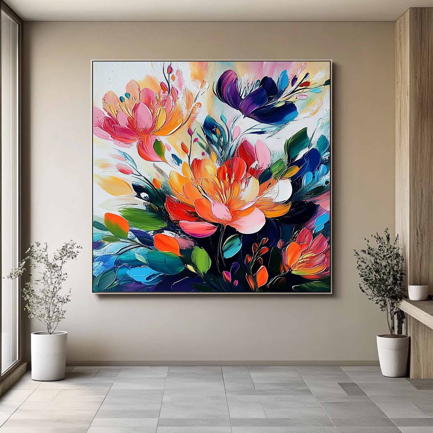 Original Beautifu Art Color Large Textured Flower Painting Framed Modern Floral Wall Art Home Decor