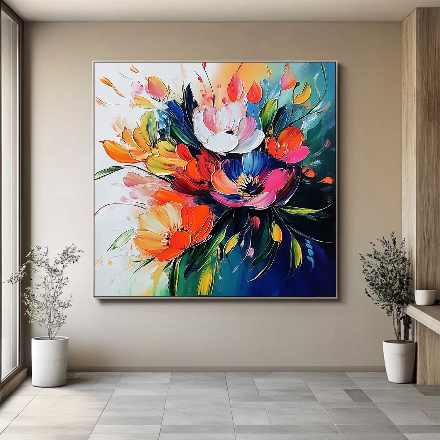 Color Large Textured Flower Painting Framed Original Beautifu Art Modern Floral Wall Art Home Decor