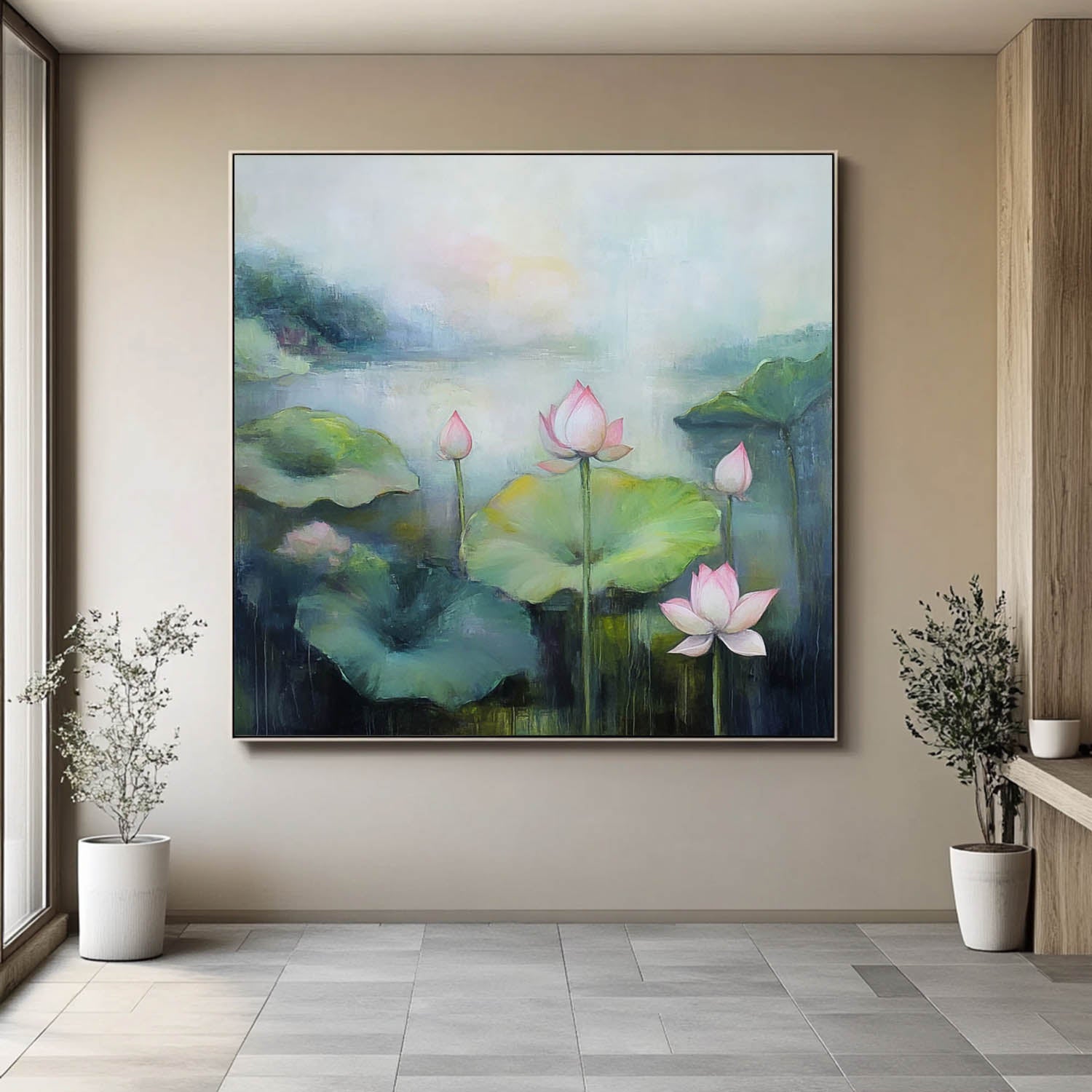 Floral Texture Canvas Painting Original Abstract Lotus Artwork Large Handmade Wall Art For Living Room