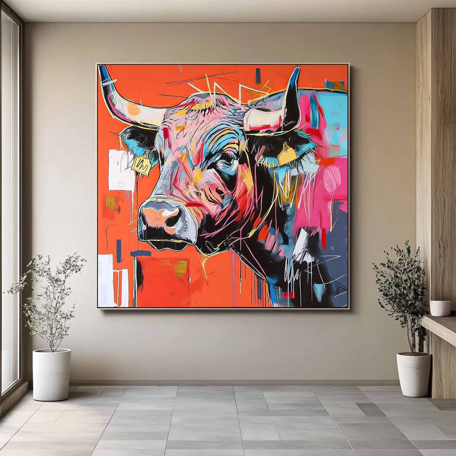 Original Lovely Cow Wall Art Large Colorful Animal Artwork Home Decor Square Ox Oil Painting Canvas