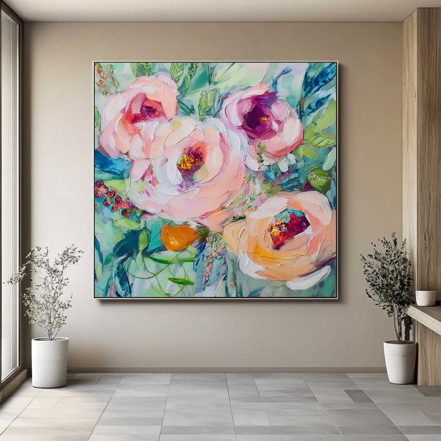Large Botanical Acrylic Painting Canvas Original Floral Artwork Square Abstract Flowers Art Home Decor