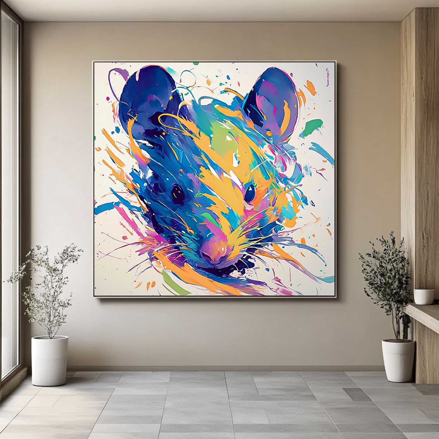Original Lovely Rat Wall Art Square Mouse Oil Painting Canvas Large Colorful Animal Artwork Home Decor