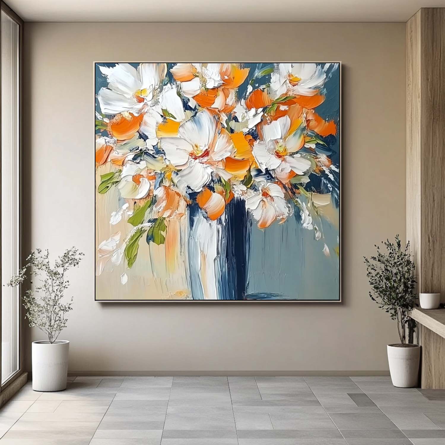 Original Exquisite Vase Art Large Orange color Textured Flower Painting Modern Floral Wall Art Home Decor
