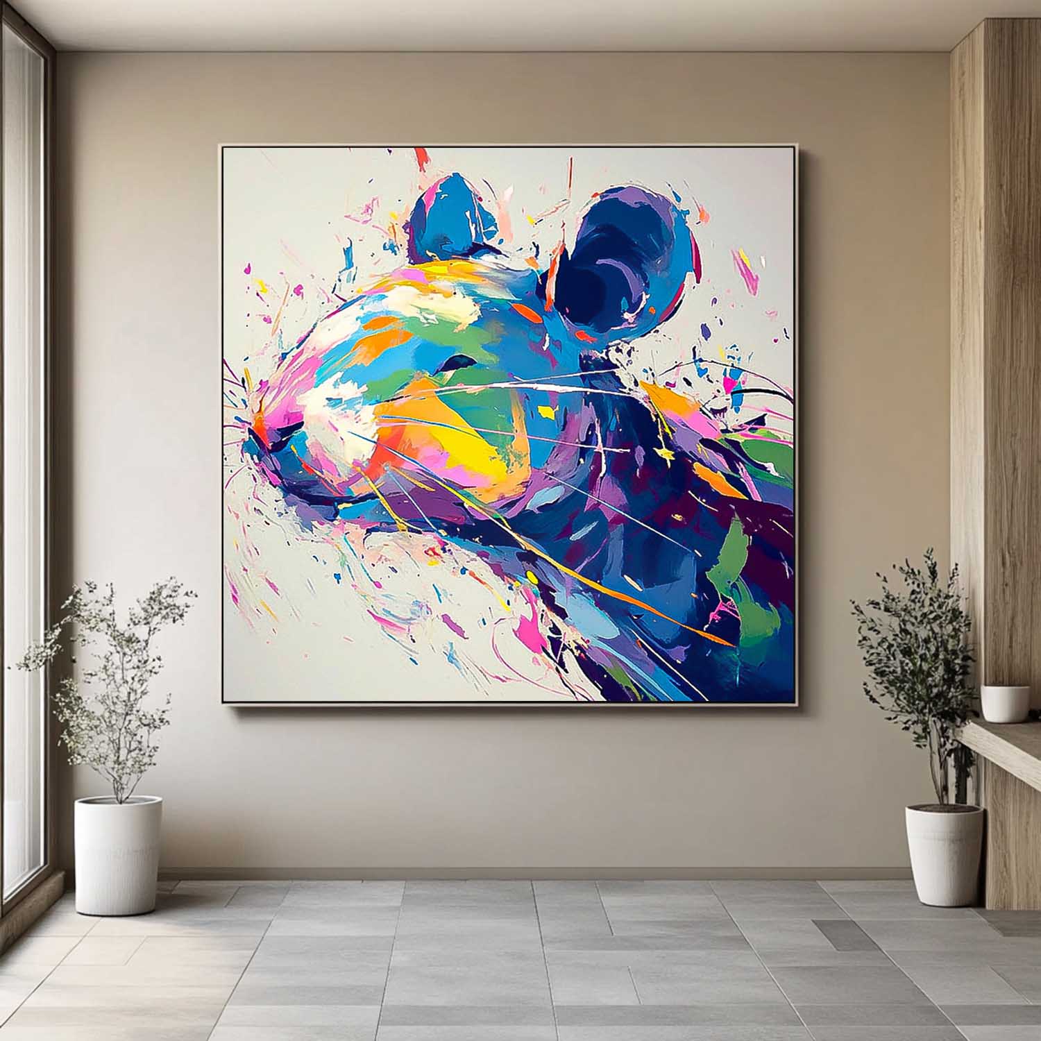Square Mouse Oil Painting Canvas Original Lovely Rat Wall Art Large Colorful Animal Artwork Home Decor