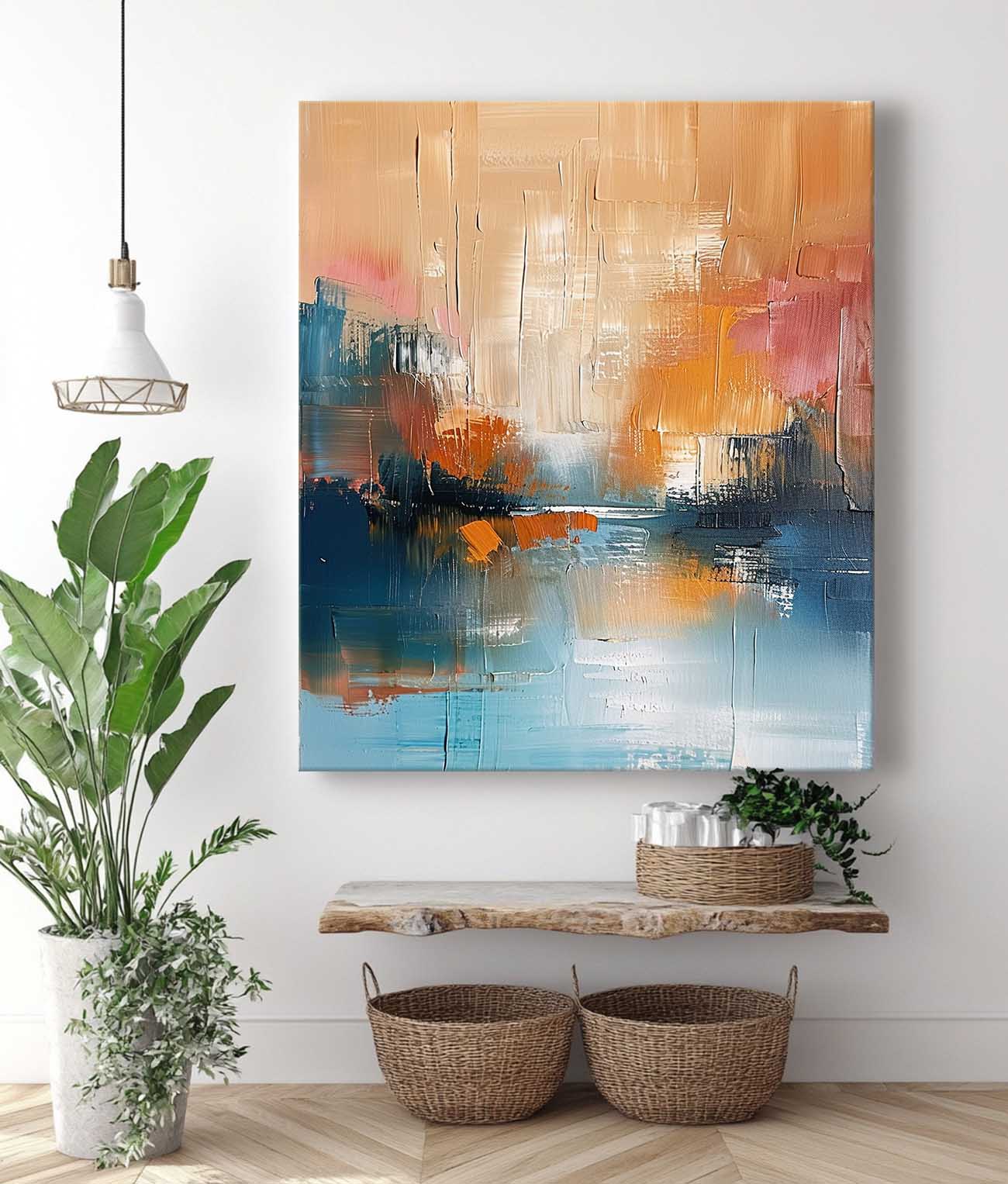 Yellow And Blue Modern Landscape Wall Art Large Abstract Painting On Canvas Original Vertical Scenery Painting