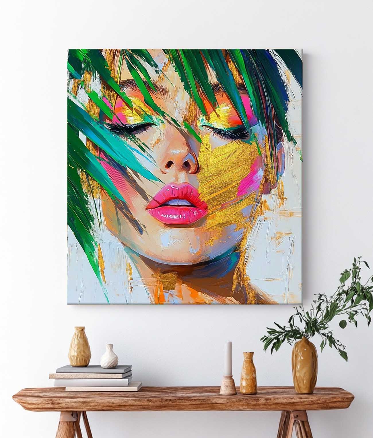 Beautiful Girl Abstract Wall Art Origina Lady Face Acrylic Painting Canvas Square Large Portrait Artwork