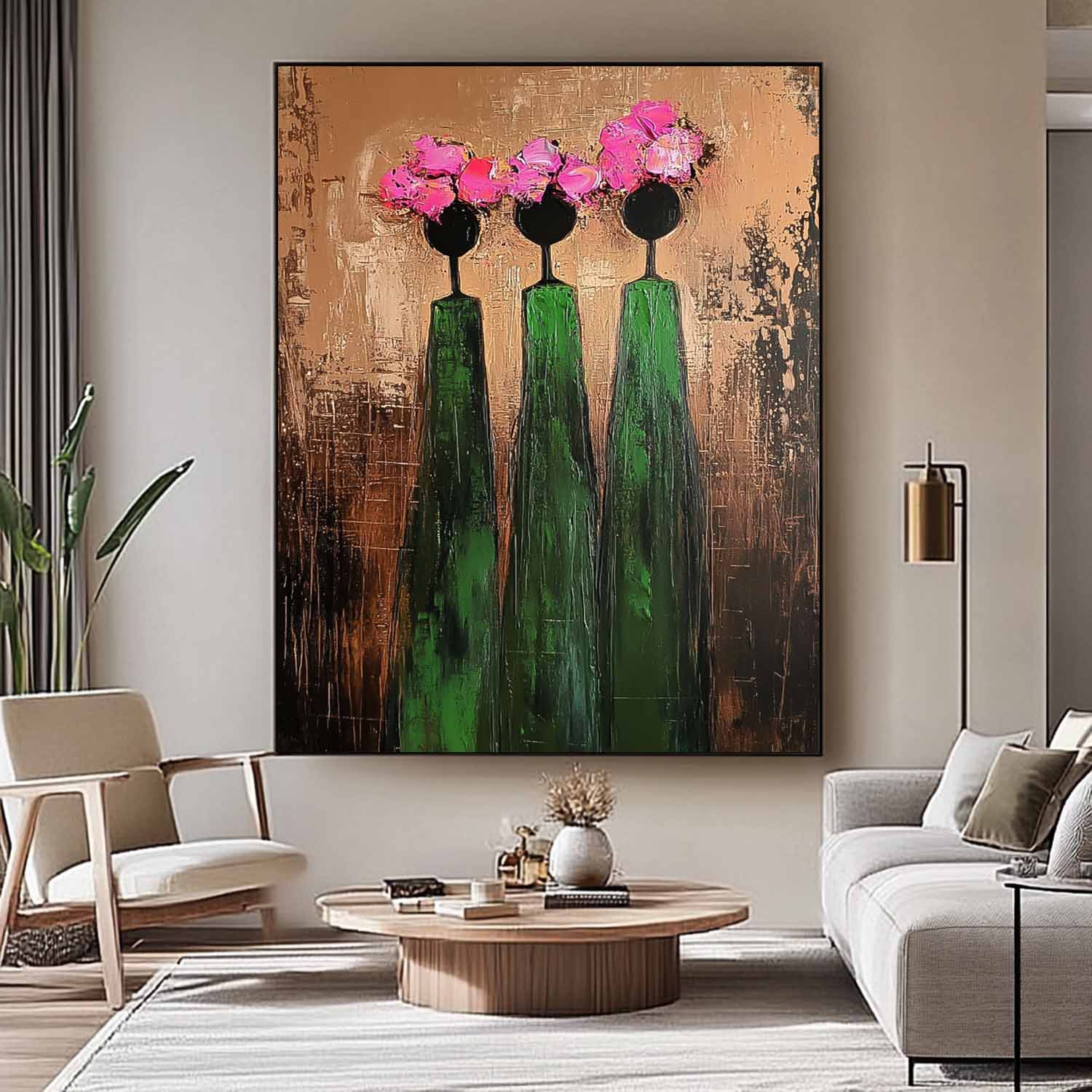 Pink And Green Modern People Silhouette Wall Art Original Retro Painting Abstract Simple Characters Artwork