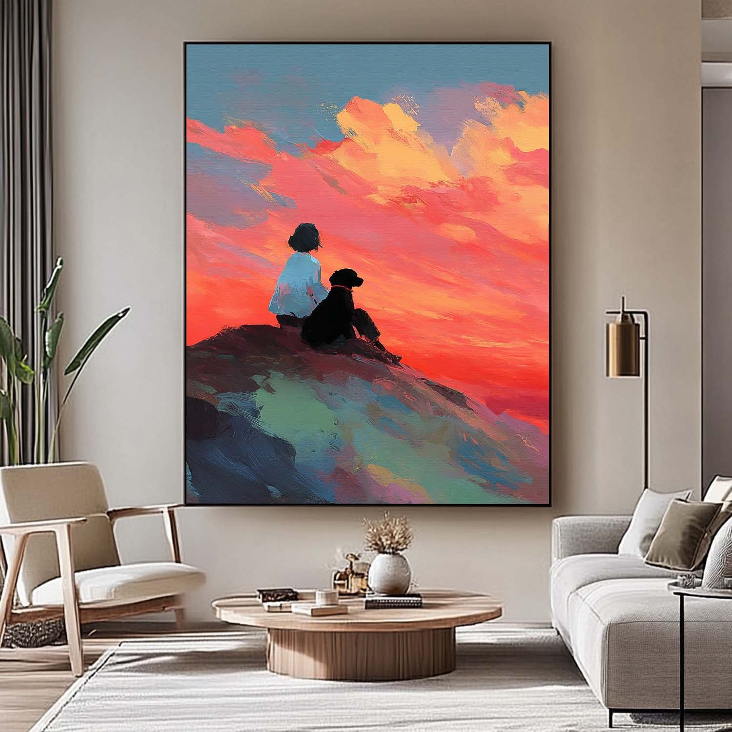 Abstract Sunset Wall Art Girl And Dog On Hilltop Contemporary Framed Painting Modern Impressionist Artwork