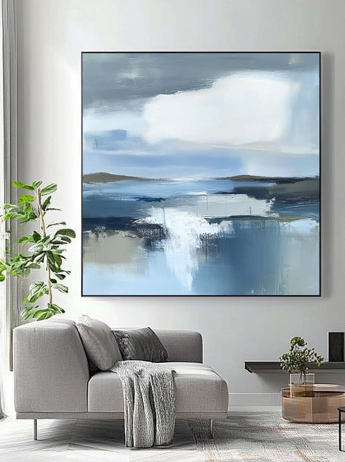 Blue Landscape Artwork Abstract Lake Landscape Oil Painting Large Blue Texture Wall Art Framed Home Decor