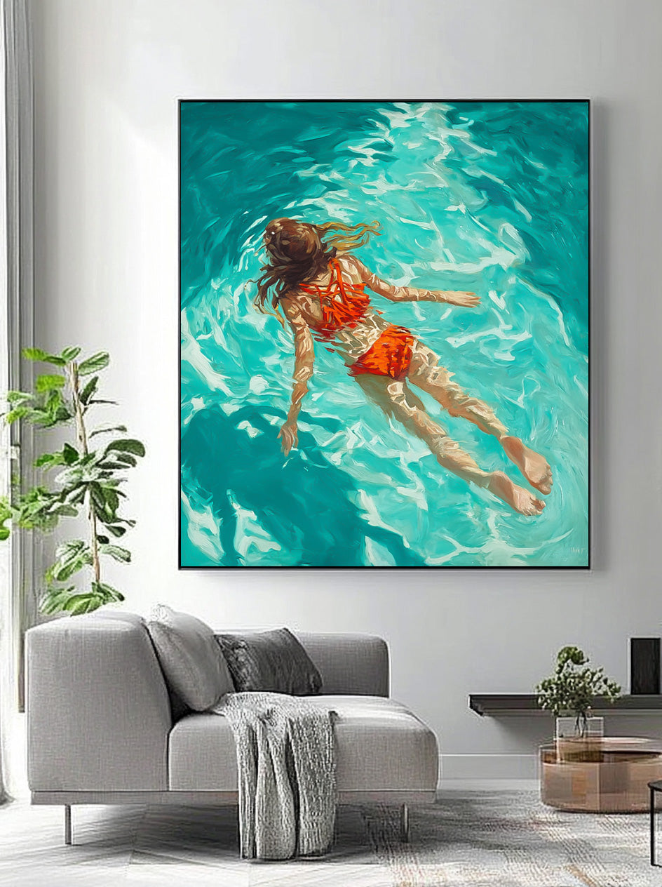 Pretty Lady Artwork Square Diving In Ocean Sensual Woman Acrylic Painting Original Girl swimming Wall Art