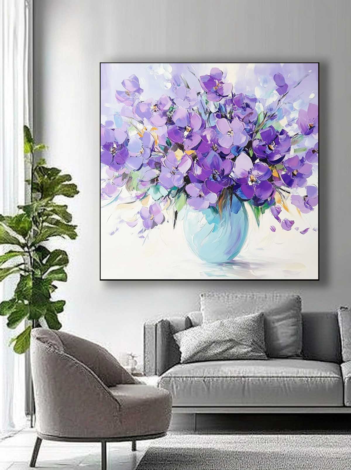 Large Purple Textured Flower Painting Modern Floral Wall Art Original Exquisite Vase Art For Living Room