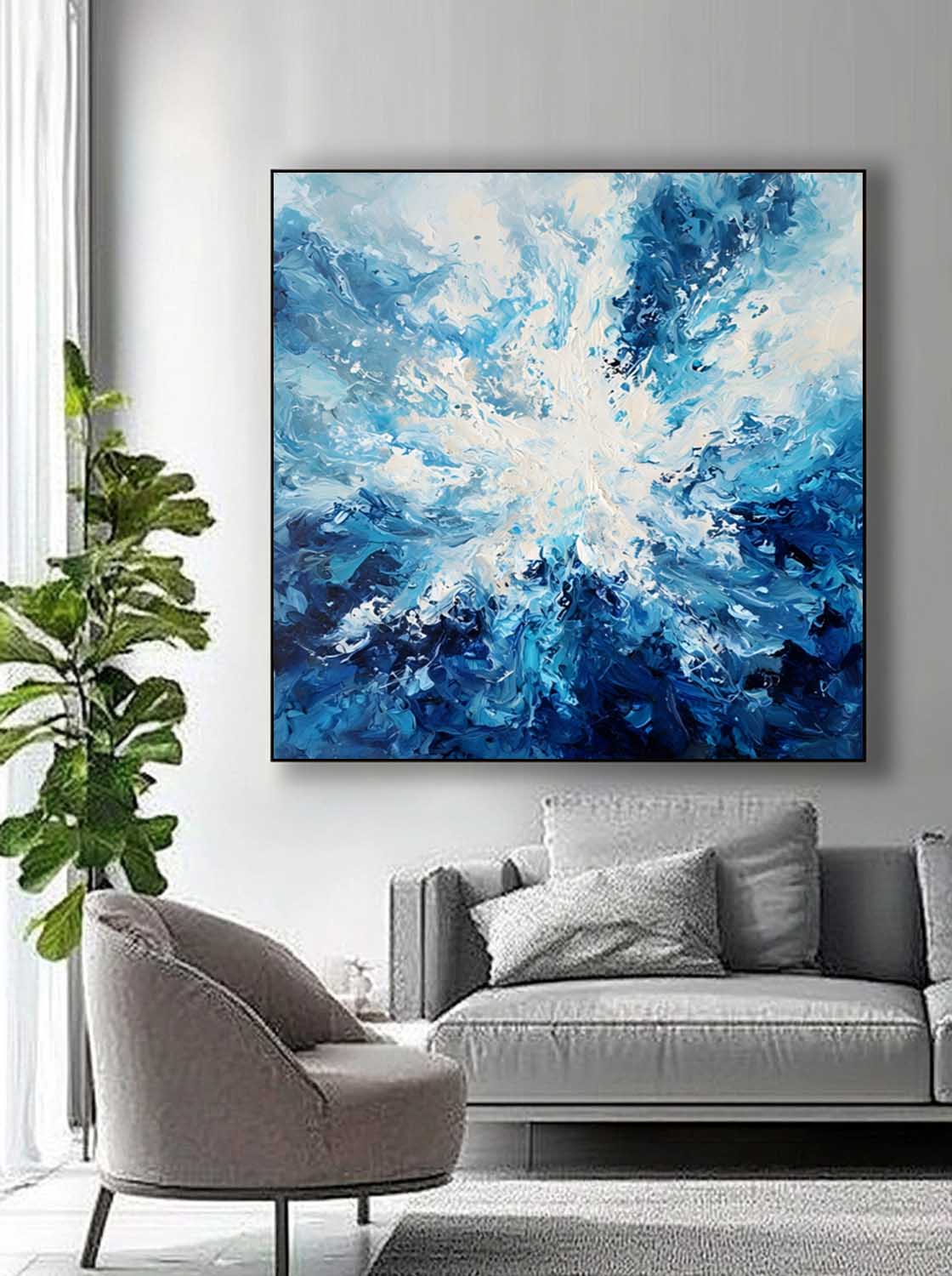 Abstract Blue Ocean Wave Canvas Art Modern Contemporary Painting For Living Room Vibrant Hand Painted Style
