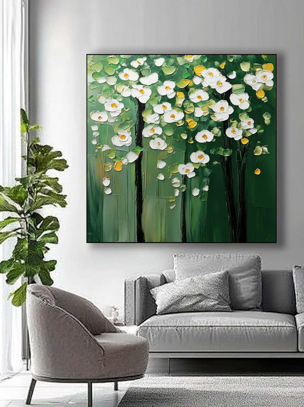 Modern White Floral Wall Art Original Green Beautifu Art Large Textured Flower Painting Framed Home Decor