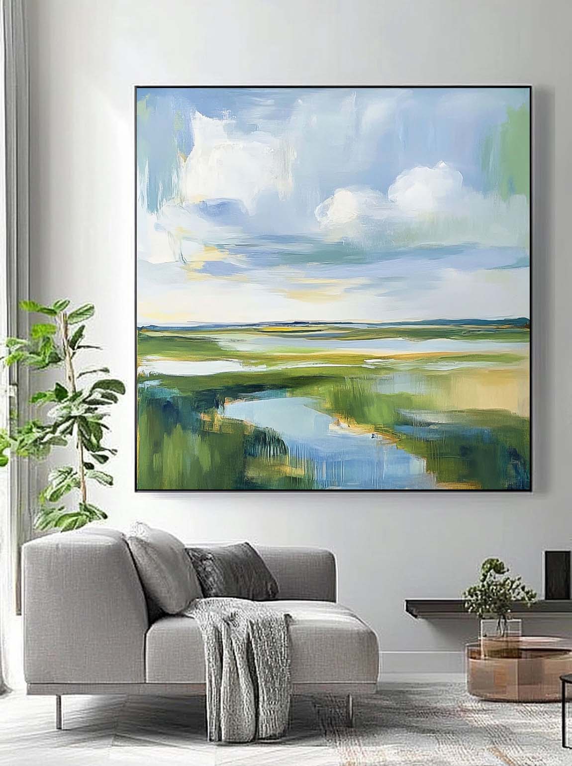 Large Blue Texture Wall Art Framed Abstract Lake Landscape Oil Painting Green Countryside Landscape Artwork