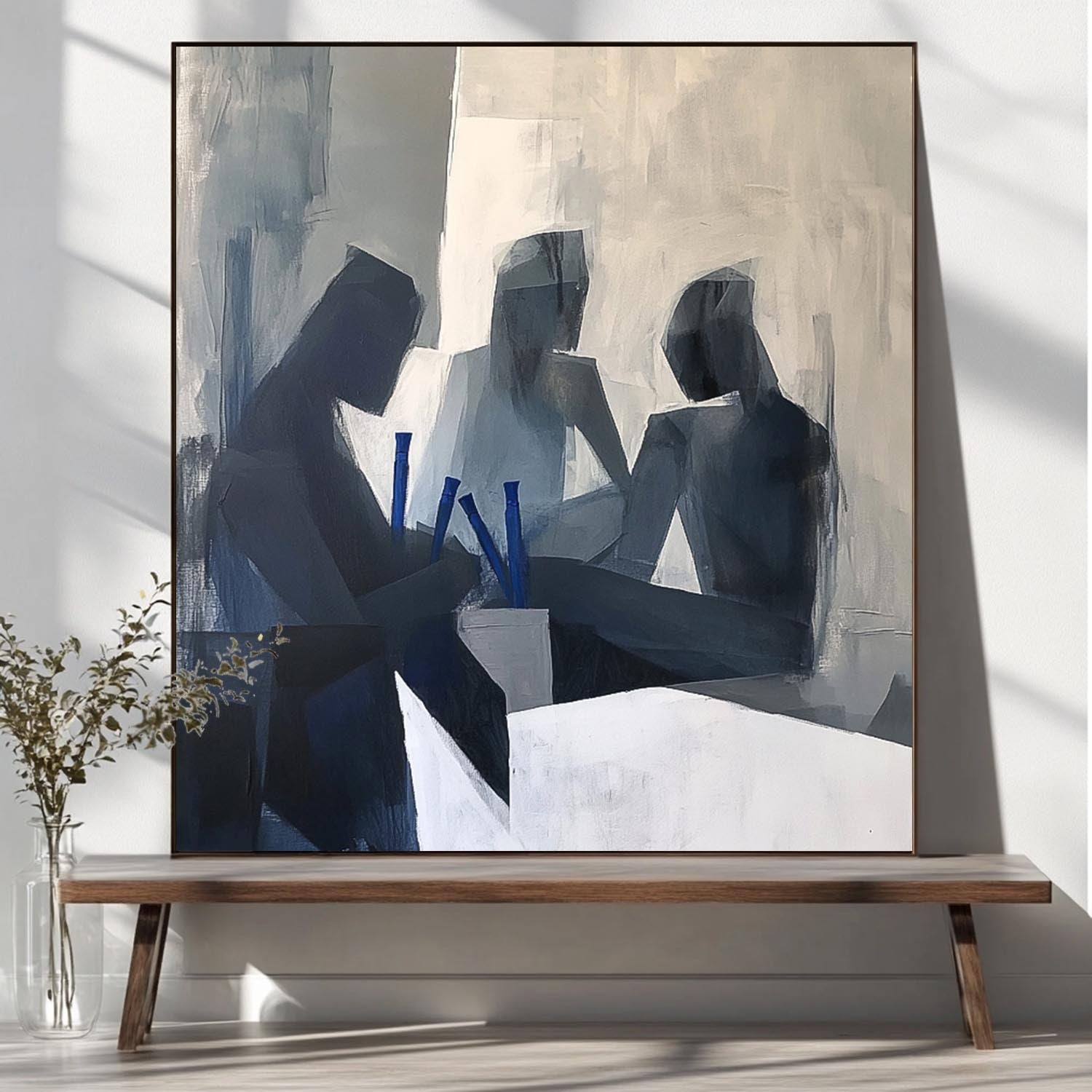 Original Grey Figure Acrylic Painting Canvas Abstract Wall Art Square Large Portrait Contour Artwork