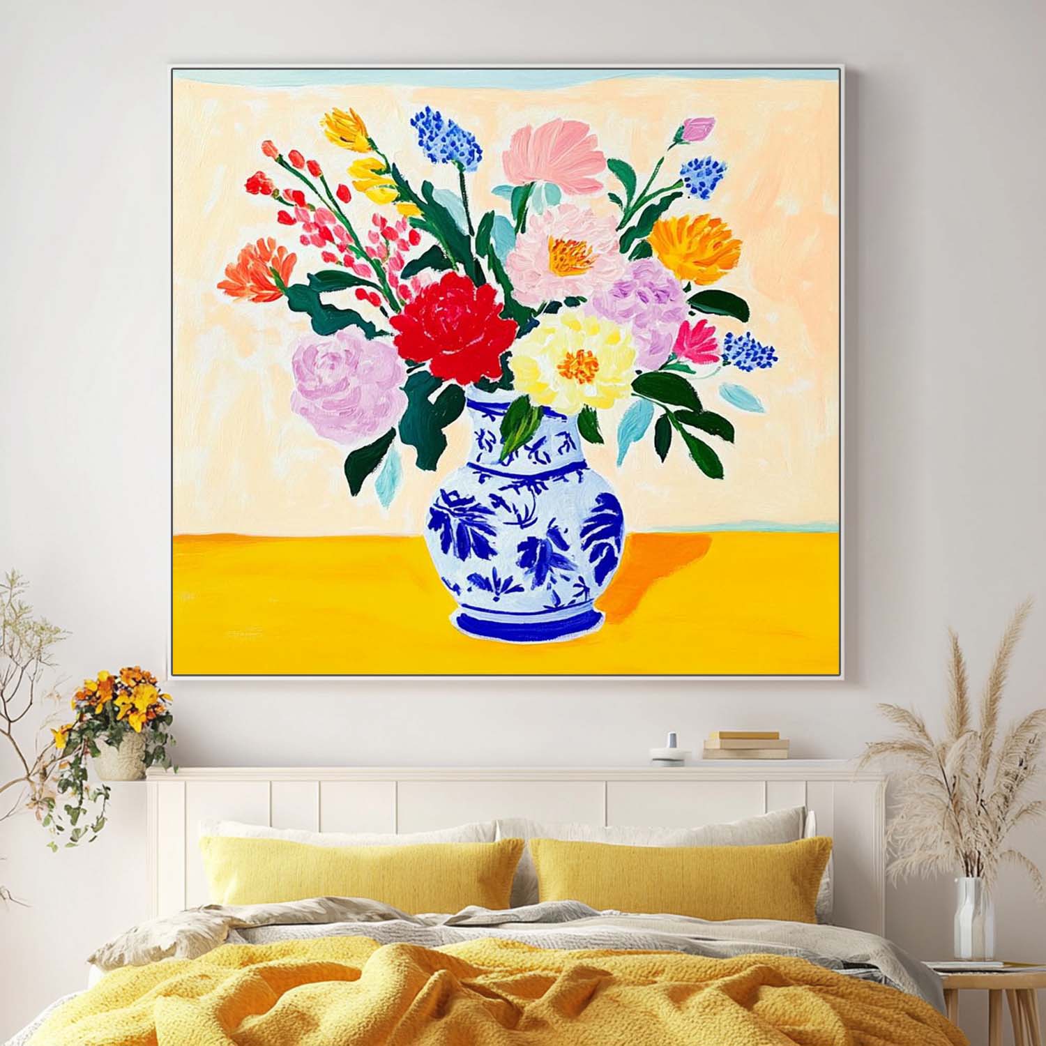 Original Flower Square Vase Artwork Floral Texture Painting on Canvas Large Illustration style Wall Art