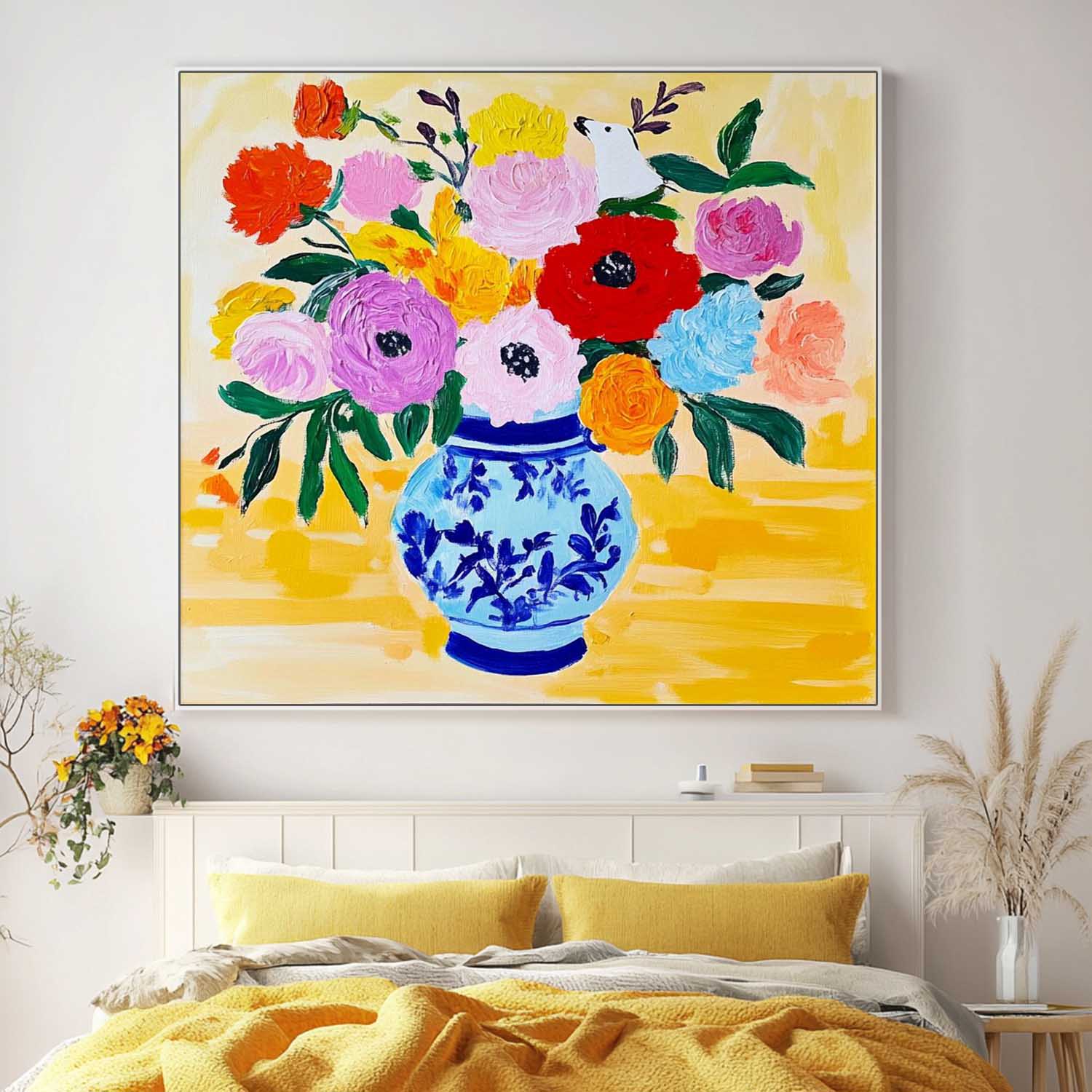 Floral Texture Painting on Canvas Original Flower Square Vase Artwork Large Illustration style Wall Art