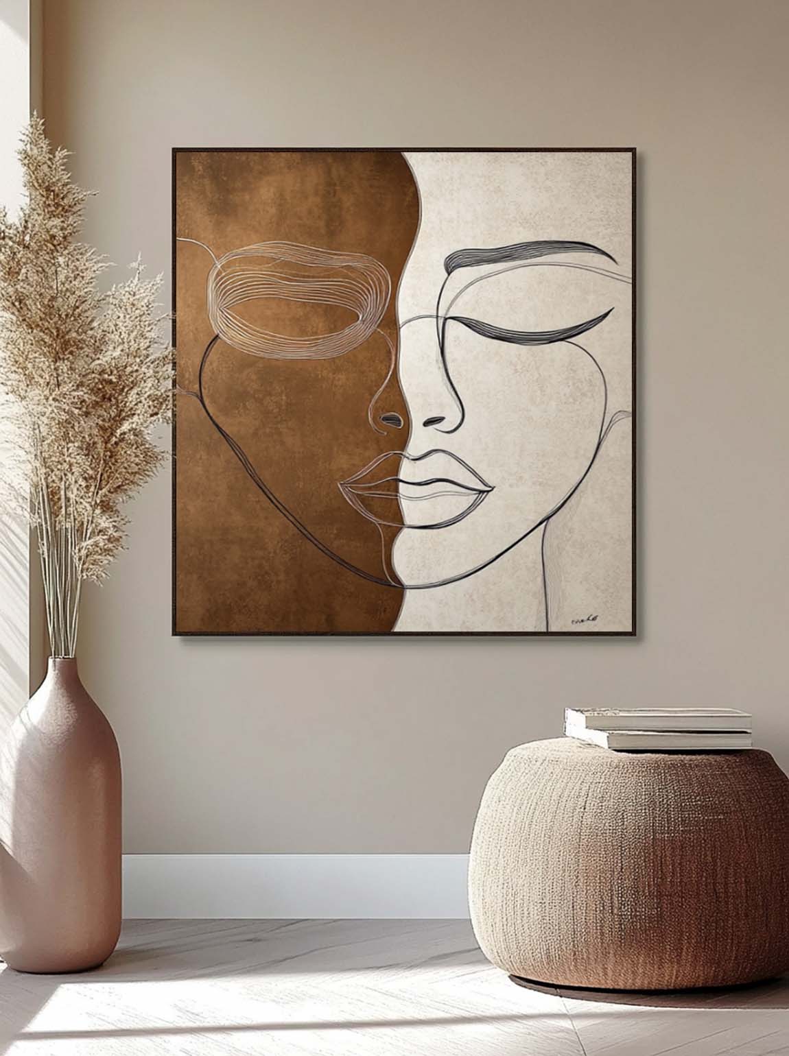Lady Face Abstract Wall Art Square Original Wabi-sabi Minimalism Portrait Painting Canvas Large Artwork
