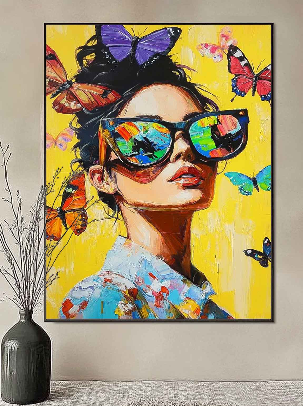 Vibrant Yellow Original Texture Girl Wall Art Abstract Butterfly Oil Painting On Canvas Lady Modern Artwork
