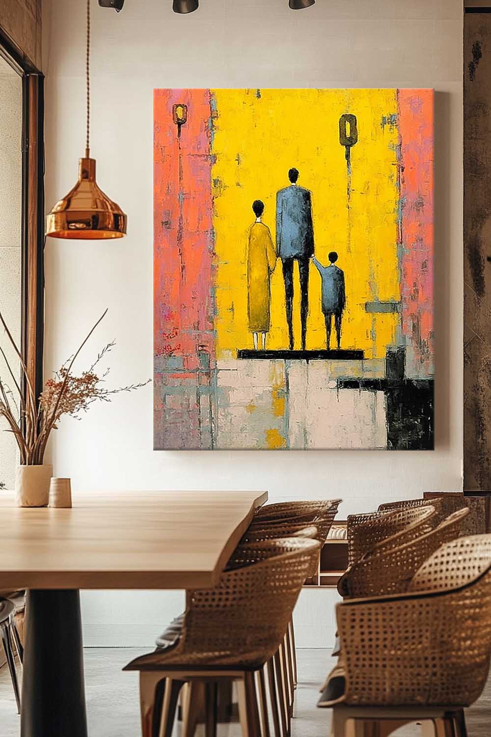 Modern Neutral Background Framed Minimalist Family Wall Art Original City Silhouette Oil Painting