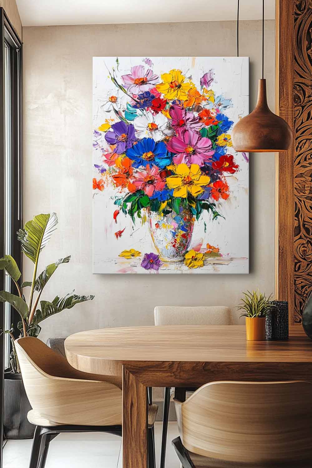 Colorful Flowers Acrylic Painting Canvas Large Textured Vase Art Original Floral Painting For Living Room