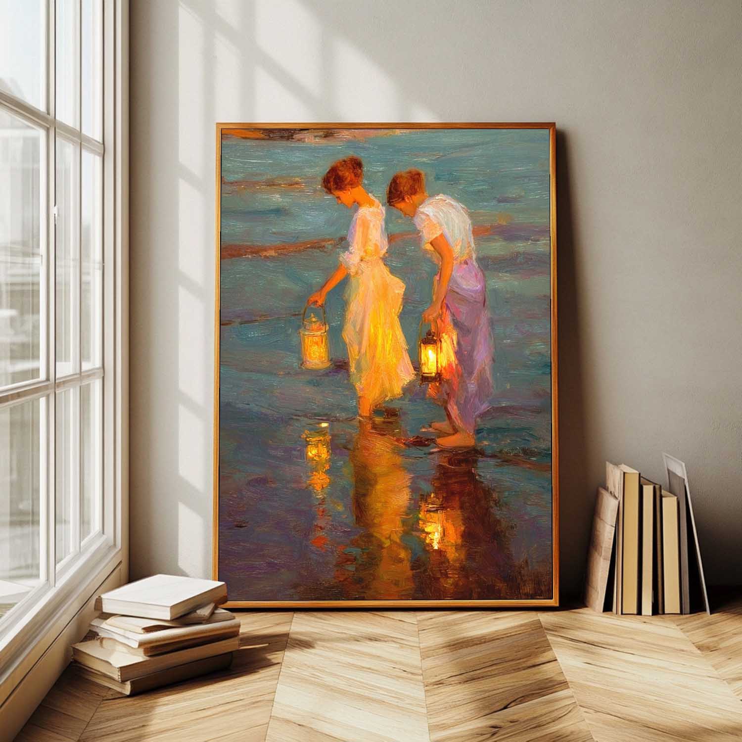 Coastal Oil Painting Two Women With Lanterns By Sea Shore At Dusk Vintage Glow & Water Reflections Wall Art