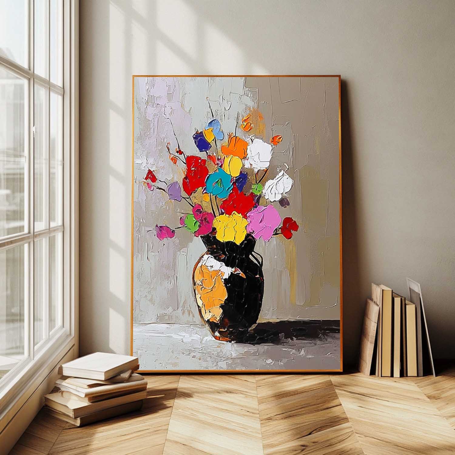 Color Flowers Acrylic Painting Canvas Original Floral Painting Large Textured Vase Art For Living Room
