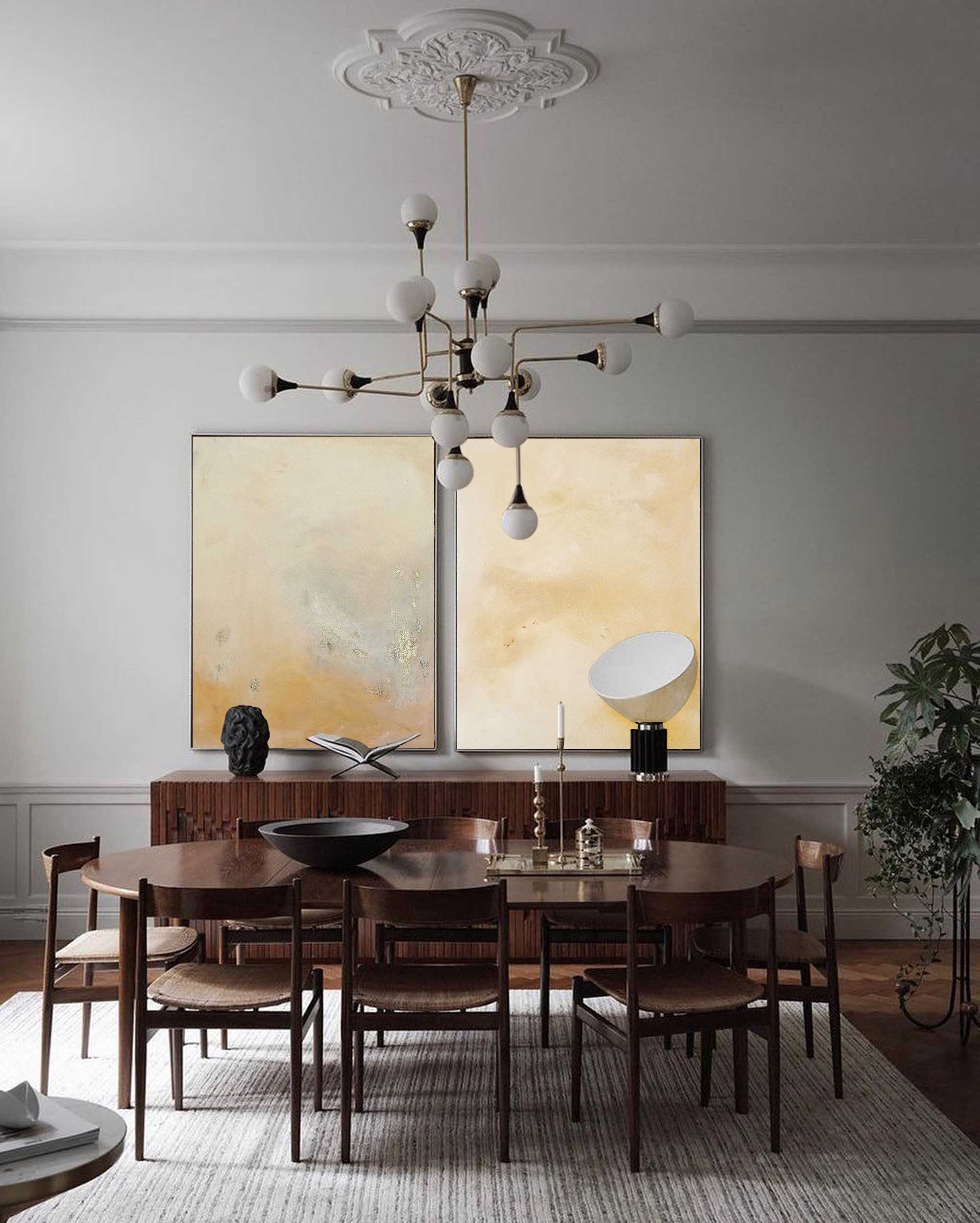 Set of 2 Yellow Minimalist Abstract Oil Paintings Contemporary Canvas Wall Art For Living Room