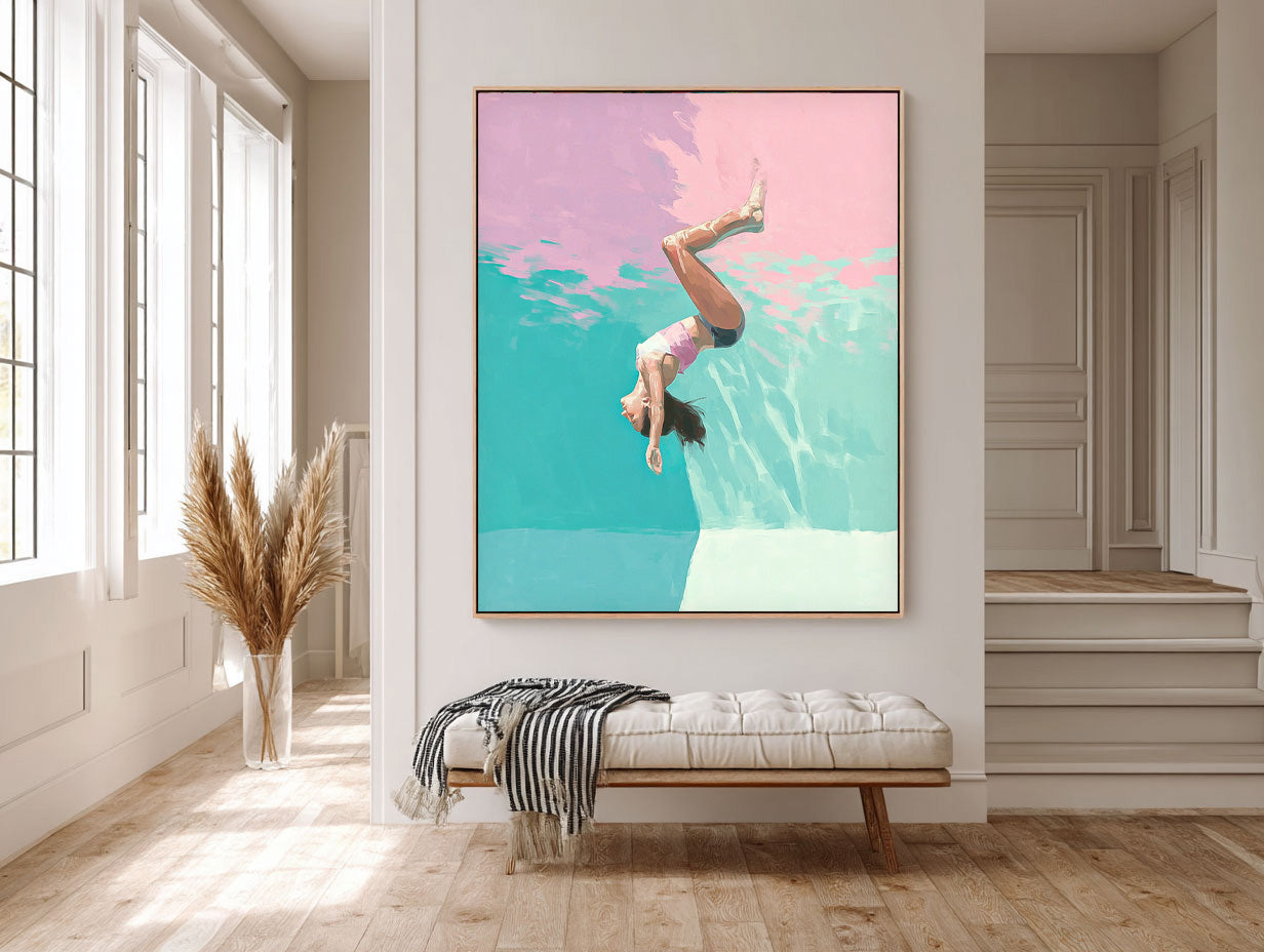 Lovely Lady Artwork Diving In Ocean Sensual Woman Acrylic Painting Original Girl swimming Wall Art