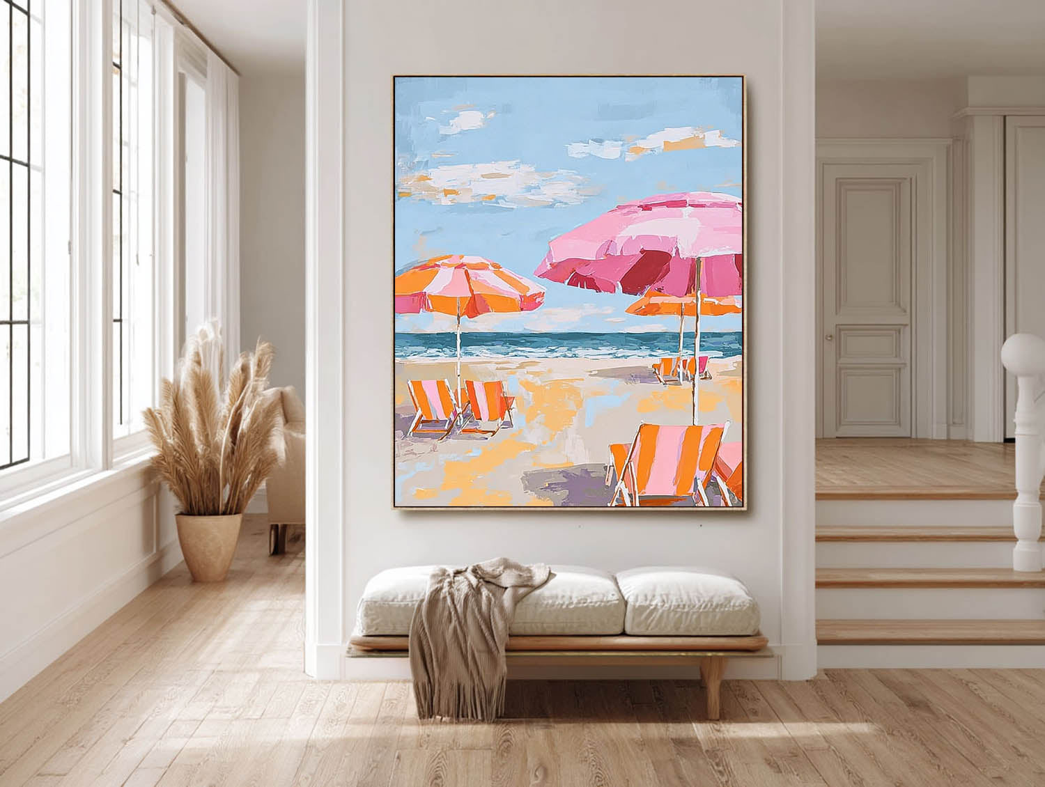 Colorful Seaside Landscape Artwork Abstract Beach Scenery Oil Painting Framed Large Wall Art Home Decor